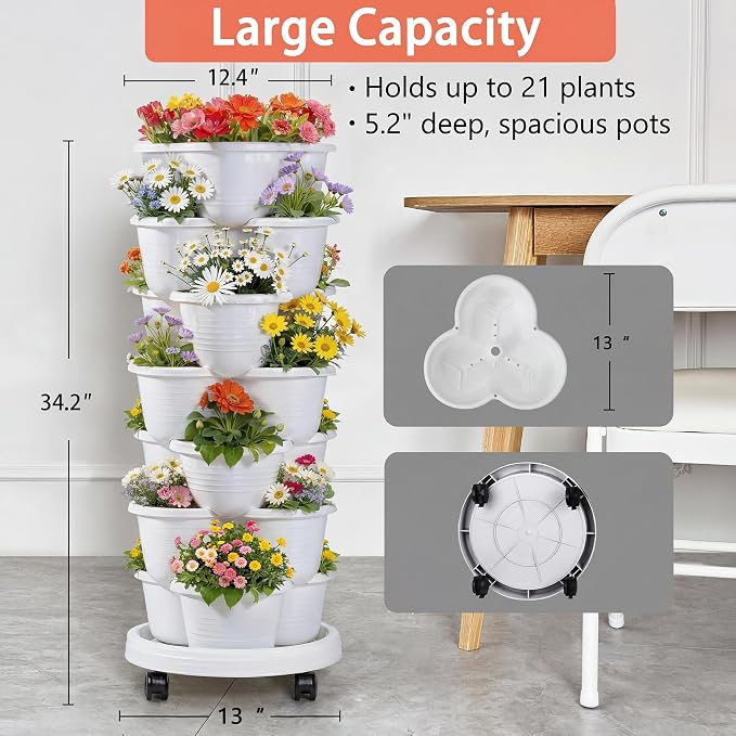 VECELO 7 Tier Vertical Garden Planter, Self Watering Stackable Planters with Wheels for Strawberries, Herbs, Flowers, Vegetables, White