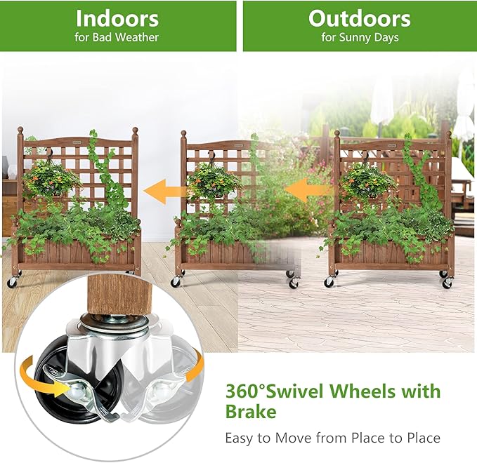 Giantex Mobile Plant Raised Bed, Wood Planter with Lattice Trellis and Wheels, Flower Box for Plant Climbing, Vertical Garden for Balcony Patio Yard (1, 25"x 11"x 32.5")