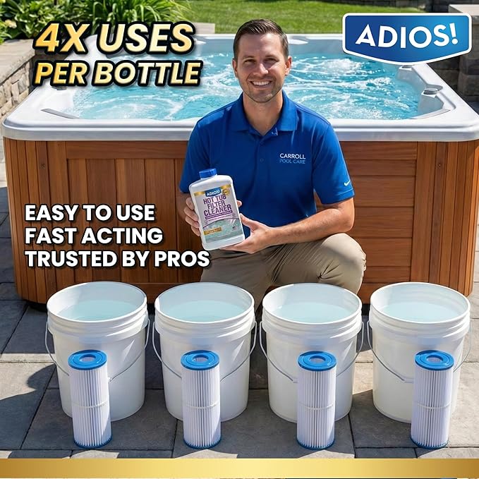 Adios! Hot Tub 4X Filter Cleaner for Spas – Deep Cleaning Soaking Solution Dissolves Grease and Grime, Unclogging and Restoring Water Flow (32oz)