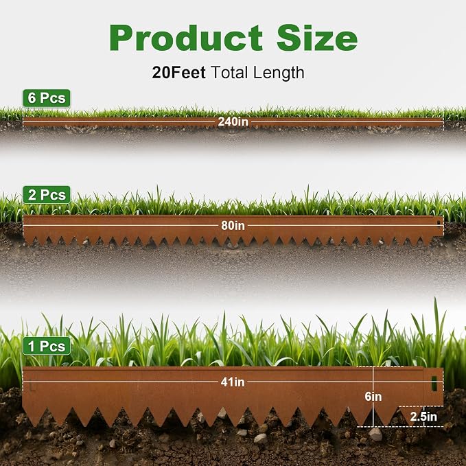 Cor Ten Steel Landscape Edging 40" L x 6" H, Hammer-in Landscape Edging, Metal Garden Edging Border with 6 Clips & Gloves - Edge for Lawn Yard COR-Ten Steel (6 Pack)