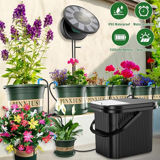 Solar Drip Irrigation System Kit,TRJZWA Solar Powered Auto Plant Watering Device with 10 Pack Plastic Plant Pots(4.5’/6’) & 3.5 Gallons Handy Bucket for Carry