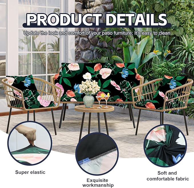 8Pcs Patio Cushion Covers,Outdoor Cushions Covers,Stretch Cushion Covers Replacement, Washable and Reusable Furniture Protectors(Flowerbed)