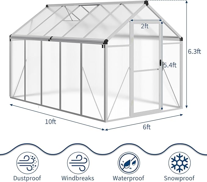 IDEALHOUSE 6×10 FT Greenhouse, Large Walk in Greenhouses for Outdoors and Garden Planting, Polycarbonate Greenhouse with Enhanced Aluminum Frame, Green Houses with Quick Setup Structure and Roof Vent