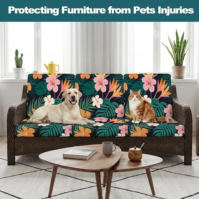 CALBODE 14 Pcs Stretch Outdoor Seat Cushion Covers, Washable Chair Seat Covers for Patio Furniture Cushions Soft Indoor and Outdoor Couch Cover Replacement (Dark Green Botanical, Cover Only)