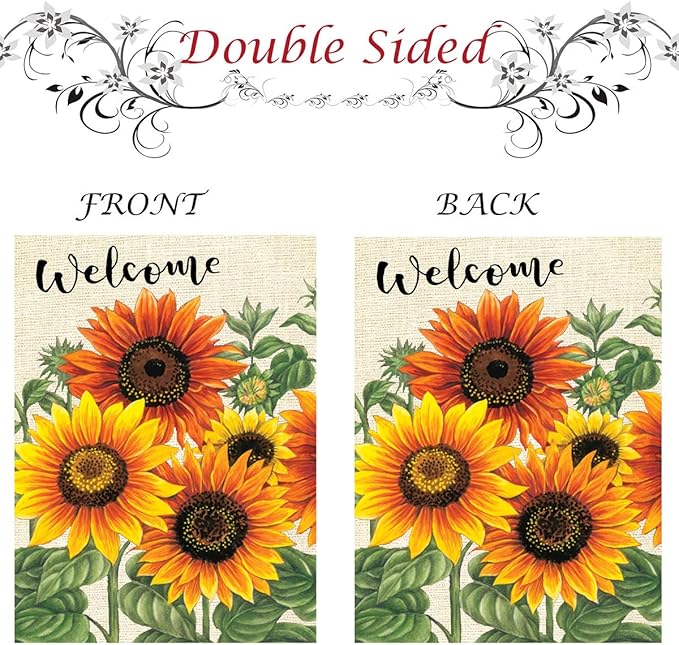 Wamika Welcome Sunflower Fall Autumn Maple Leaves Double Sided Burlap Garden Yard Flag 28" x 40",Summer Fall Sunflowers Flower Farmhouse Burlap Decorative Garden Flags Banner for Outdoor Home