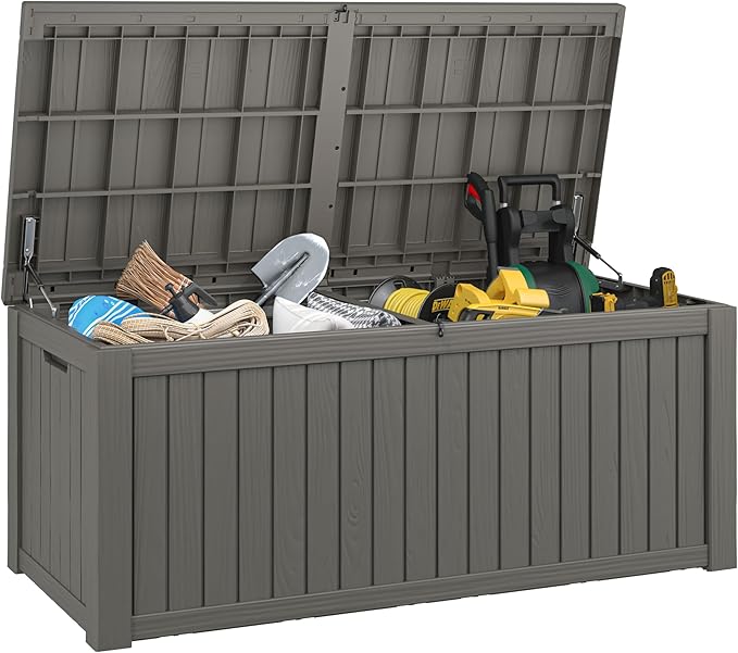 220 Gallon Outdoor Storage Box, Resin Deck Boxes Outdoor Waterproof For Patio Furniture, Garden Tools, Pool Supplies, Lockable And UV Resistant (Striped Gray)