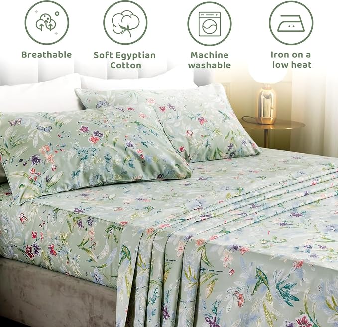 QSH Green Floral Queen Size Sheet Sets - Green Flower Bird Butterfly Print Botanical Bedding Egyptian Cotton Printed Sheets Queen Size Bed Extra Soft and Breathable 17.5" Deep Pockets Bed Sheets 4pcs
