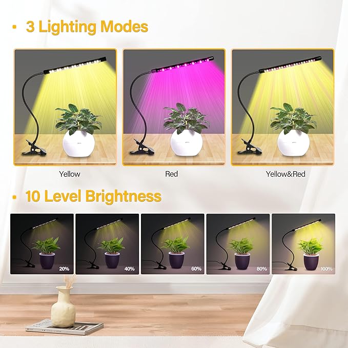 iPower LED Grow Lights for Indoor Plants, Full Spectrum Plant Growing Lamp with Yellow Red LEDs, 10-Level Dimmable, Auto On Off with 6/9/12H Timer, 1 Tubes