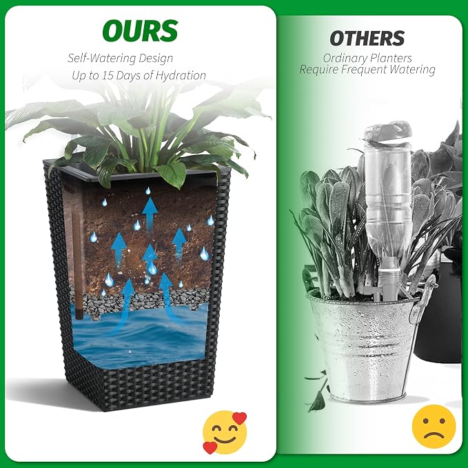 Garvee 16 Inch Tall Planters Set of 4, Self Watering Planters for Outdoor Indoor Plants with Drainage & Water Level Indicator, Tall Flower Pots for Front Porch, Patio, Balcony & Entryway