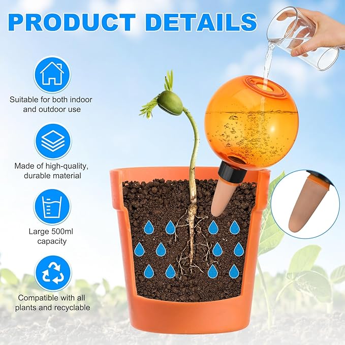 M METERXITY 4-Pack Plant Self Watering Globes, 6.9 oz Plastic Bubble Water Bulbs Top Fill for Indoor/Outdoor Plants, Self Watering Spikes Slow Release Terracotta [Orange]