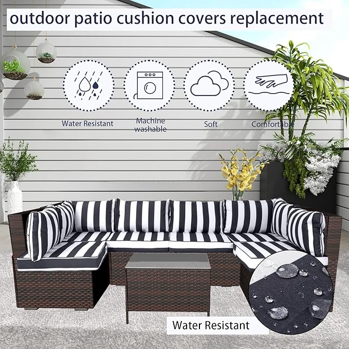 Outdoor Cushion Covers for Patio Furniture, Patio Cushion Covers Replacement with Zipper, Waterproof & Fade Resistant,Only Cover (Black and White Stripes, 25.6Lx25.6Wx4H - Only Covers)