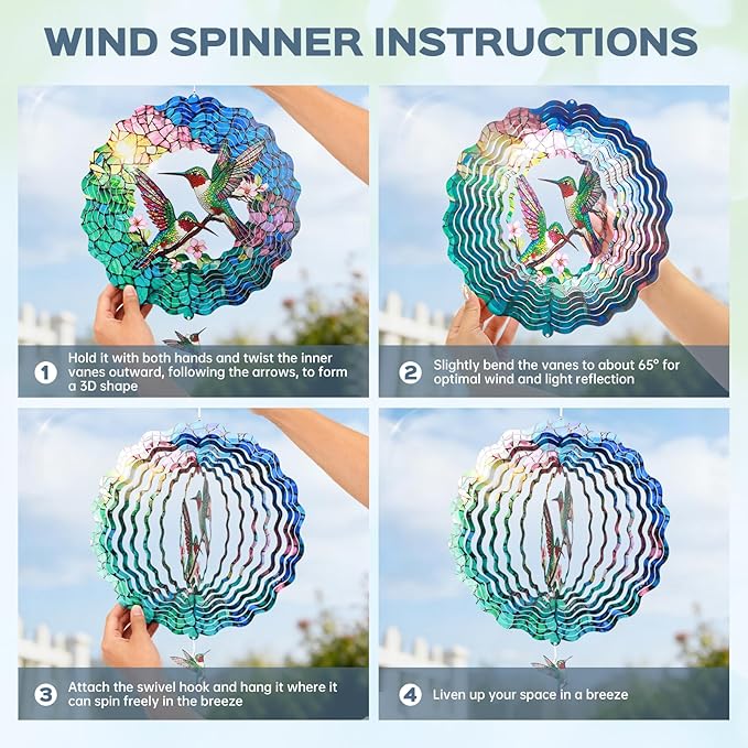 Hummingbird Wind Spinners Outdoor, IDEA SHOW 12In Mental Wind Spinners, 3D Kinetic Hanging Spinners Sculpture, Hummingbird Gift for Women Mom, Garden Decor Ornaments for Patio Yard Art