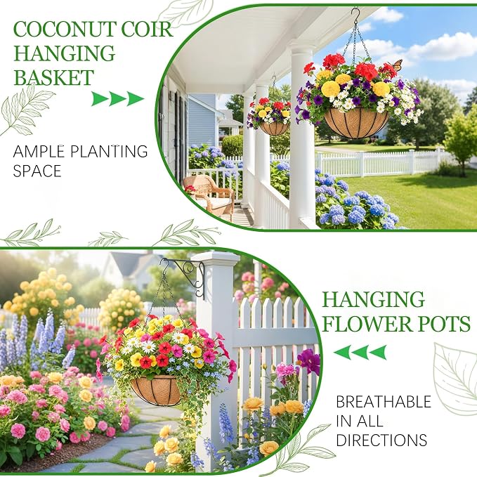 Hanging Planters for Outdoor Plants 4 Pack 16 inch Metal Hanging Flower Basket with Coco Coir Liner Wire Plant Holder Watering Flower Baskets Pot Hanger Garden Decoration for Indoor Outdoor(XGL)