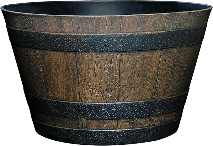 Classic Home & Garden by Growscape Whiskey Barrel Planters, Wood Finish Flower Planter Pot, Stylish Indoor & Outdoor Resin Garden Pots, Weather-Resistant Planting Pot (20.5" Kentucky Walnut, 1- Pack)