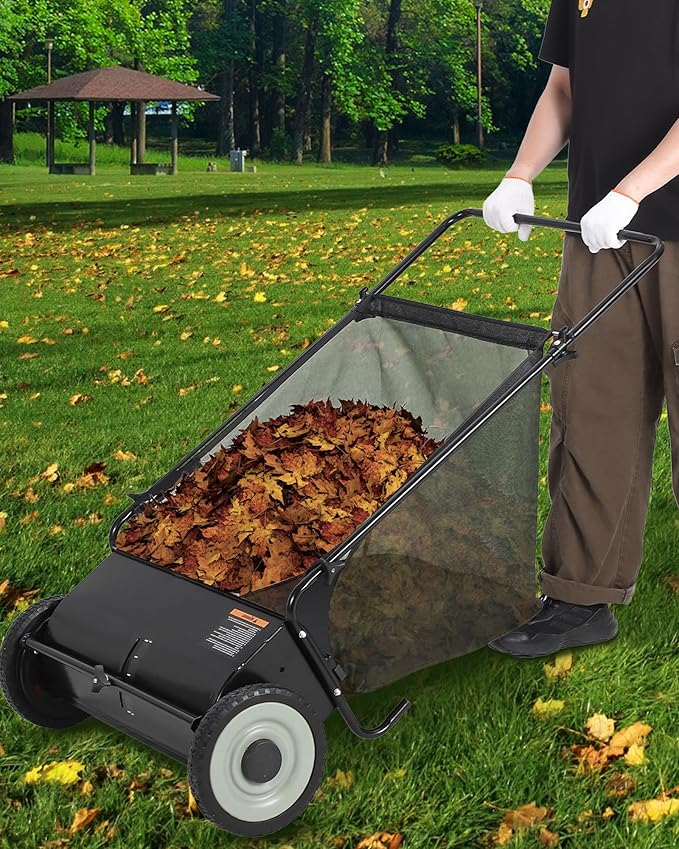 26 in Push Lawn Sweeper,4 Spinning Brushes, 7 Cu. Ft. Large Capacity Collection Bag,Adjustable Height, Durable Steel Frame with Rubber Wheels, for Grass, Leaves & Debris Collector on All Terrains