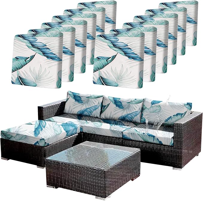 CALBODE 12Pcs Stretch Patio Cushion Covers Outdoor Couch Cover Replacement,Outdoor Sofa Covers for Patio Couch,Washable Furniture Cover (Tropical Flavor,Cushions Not Included)