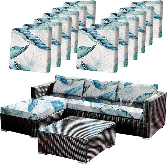 CALBODE 12Pcs Stretch Patio Cushion Covers Outdoor Couch Cover Replacement,Outdoor Sofa Covers for Patio Couch,Washable Furniture Cover (Tropical Flavor,Cushions Not Included)