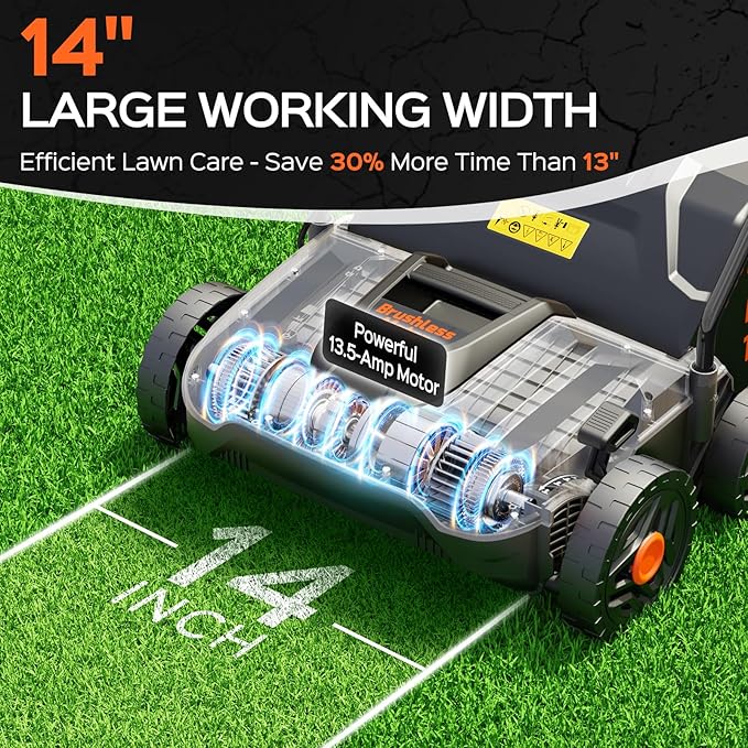 TIECTOWN 14-Inch 13.5 Amp 2-in-1 Electric Dethatcher and Scarifier with 11.5-Gallon Collection Bag, Lawn Dethatcher with 5-Position Depth Adjustment, Blade Replacement Without Tool - Orange