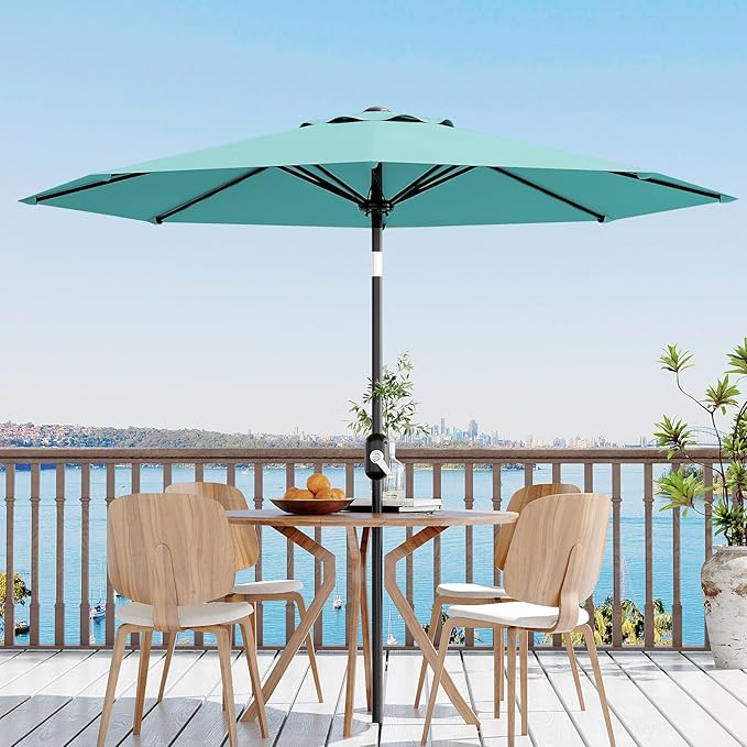 Garvee 10 ft Outdoor Patio Umbrella 8 Sturdy Ribs Outdoor Table Umbrella with Crank Lift & Push Button Tilt - UV Protection Waterproof Market Umbrellas for Pool, Deck, Yard, Garden, Lake Blue