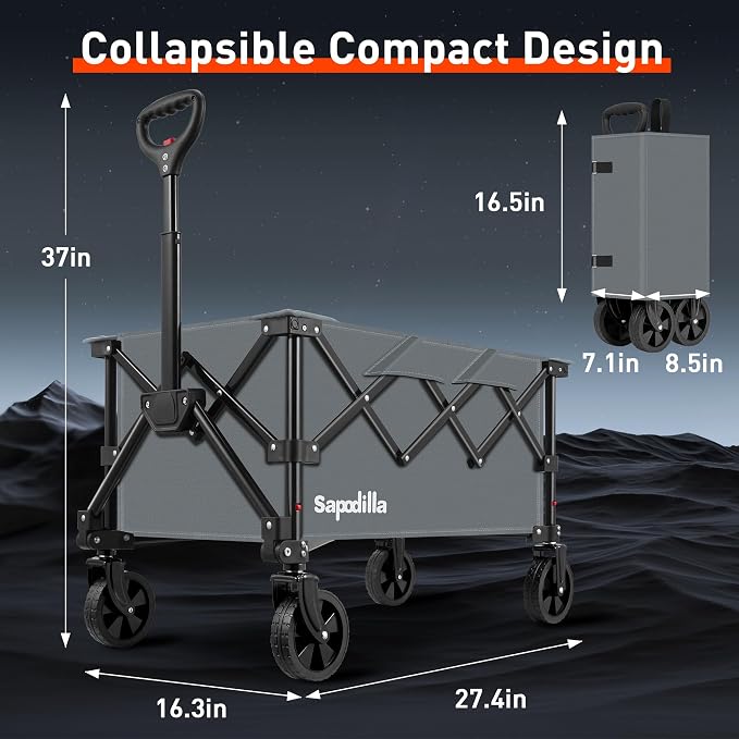 Collapsible Foldable Wagons with Wheels, Lightweight Wagon Cart with Large Capacity for Grocery,Gardening,Camping,Shopping,Grey