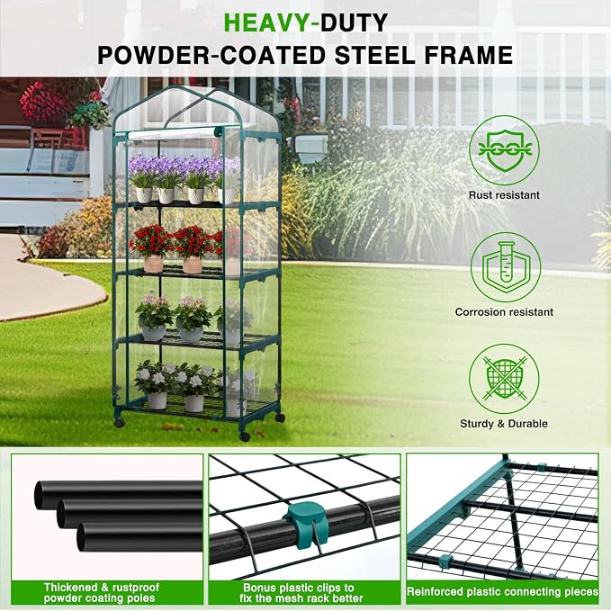 Yesker Mini Greenhouse 27"x20"x63" Portable Indoor /Outdoor Small Green House with 4 Tier 4 Shelves Wheels Transparent PVC Cover Compact Greenhouse Kit for Winter Gardening Balcony Patio Backyard
