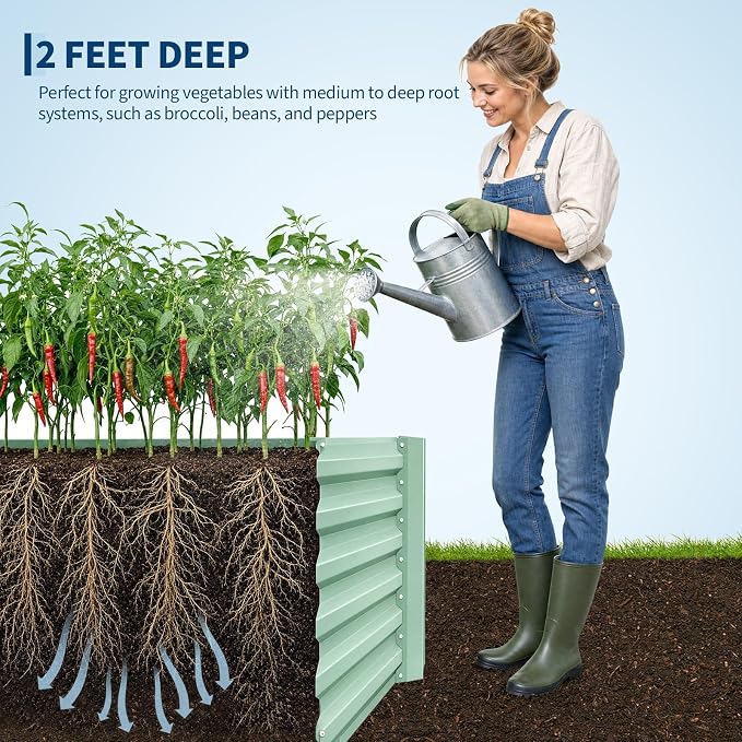 IDEALHOUSE 8x4x2 Ft Galvanized Metal Raised Garden Bed, 24-Inch Tall Heavy Duty Planter Box for Vegetables, Herbs & Flowers, Rust-Resistant Outdoor Gardening Bed, Green