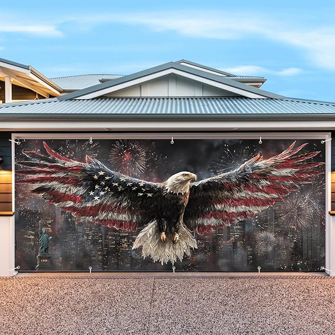 7 * 16FT Eagle USA Flag Garage Door Cover Decorations Independence Day Garage Door Banner for Outdoor Indoor Patriot Party Photography Backdrop