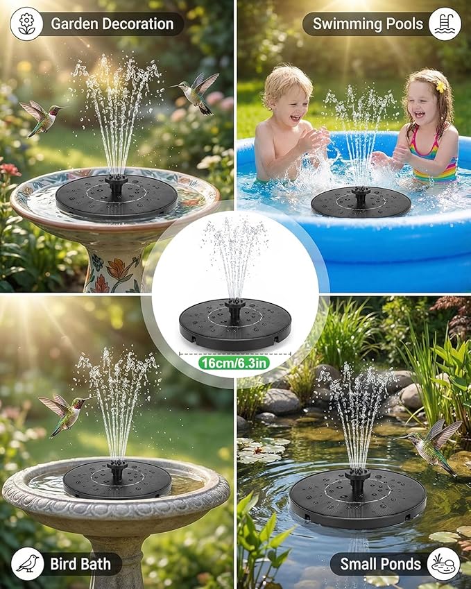 Solar Bird Bath Fountains, 2026 Upgraded 1.4W Solar Fountain Pump with 7 Nozzles, Free Standing Floating Solar Powered Water Pump Fountain for Bird Bath, Garden, Pond, Pool, Outdoor (6.3in)