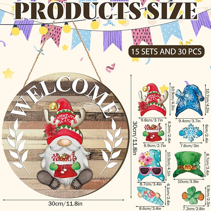 Qunclay Interchangeable Wooden Gnome Decor Holiday Seasonal Gnome Decorations with Magnet Pieces and Detachable Hats Changeable Welcome Sign for Home(Yellow)