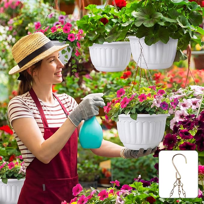 12 Sets Hanging Planters for Indoor and Outdoor Plants Self Watering Hanging Basket Flower Pots Plastic Plant Pots with Drainage Hole and Absorbing Tray(White,10 Inch)