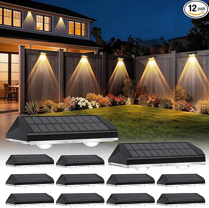 AUDLES Solar Fence Lights Outdoor, 3 Modes Warm/Neutral/Cool White Fence Lights Solar Powered for Outside, IP65 Waterproof, 60 Lumens Solar Light for Step, Pathway, Garden, Deck, Stairs - 12 Pack