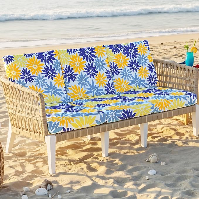 pickyNproud 8Pcs Patio Cushion Covers Stretch Outdoor Couch Cushions Slipcovers Replacement Washable Furniture Protector with Elastic Bottom Sofa Chair Seat Cover, Blue Yellow Floral