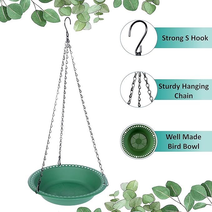 Hanging Bird Feeder Tray with Drainage Holes for Outside, Rugged Recycled Plastic Wild Bird Feeding Station (10 inch, Green)
