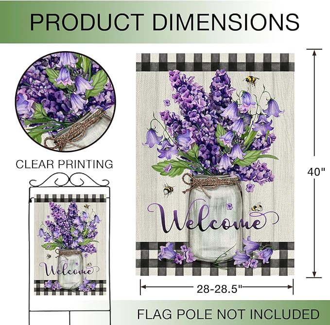 Hzppyz Welcome Spring Summer Floral Flower House Flag Double Sided, Hyacinth Canterbury Bells Decorative Garden Yard Outdoor Large Decor, Mason Jar Plaid Farmhouse Home Outside Decoration 28 x 40