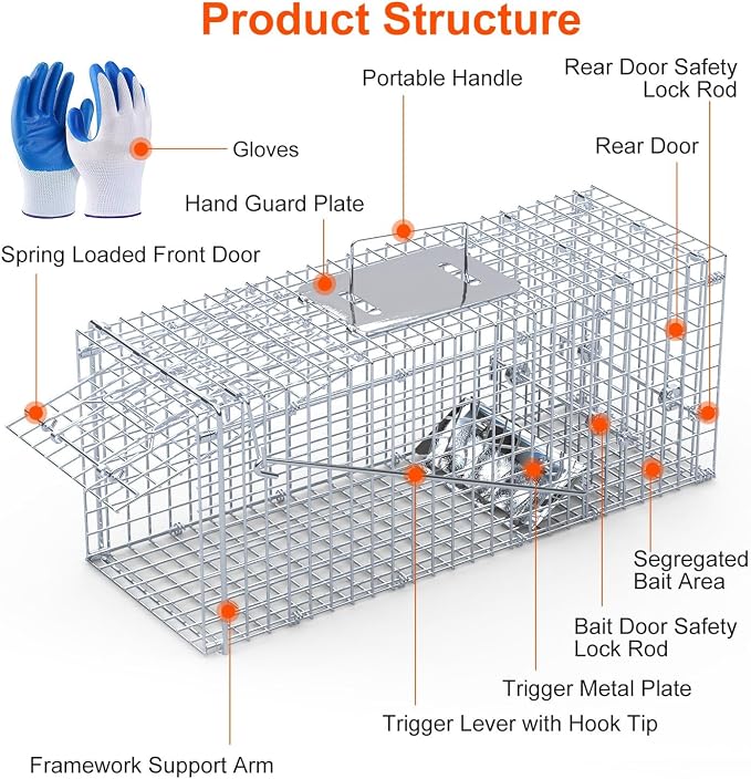 TeqHome Humane Animal Cage Trap,26"x9"x10" Heavy Duty Foldable Collapsible Galvanized Steel Live Trap for Stray Cats, Raccoons, Groundhogs,Squirrel,Chipmunk,Indoor/Outdoor Use,Easy to Catch & Release