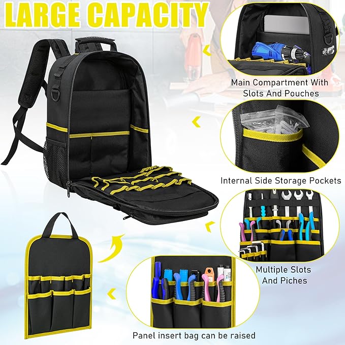 Tool Backpack for Men, Heavy Duty Tool Bag with Removable Tool Organizer, Durable Water-Resistant Work Backpack, Upgrade(Black & Yellow)