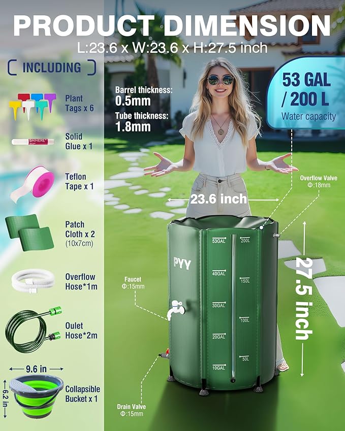 PYY Rain Water Collection Barrel - 53 Gallon Green Large Water Storage Tank with Spigot, Hose and Portable Bucket, Plastic Collapsible Rain Catcher Catchment System to Collect Rainwater from Gutter