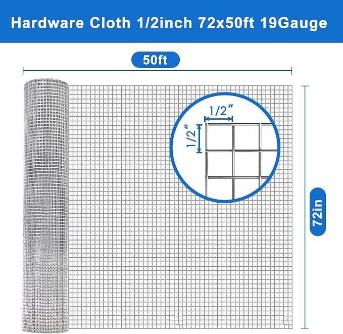 Hardware Cloth 1/2” 72" x 50' 19 Gauge - Reliable Chicken Wire Fencing and Gopher Wire for Garden Security and Cage Protection, Sturdy Mesh Roll
