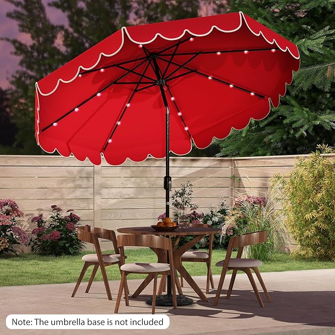 Tangkula 10FT Solar LED Patio Umbrella, 2-Tiers Scalloped Outdoor Table Market Umbrella with 24 LED Lights, Vented Top, Tilt Adjustment, Crank, 8 Ribs for Backyard Poolside Deck Beach Lawn (Red)