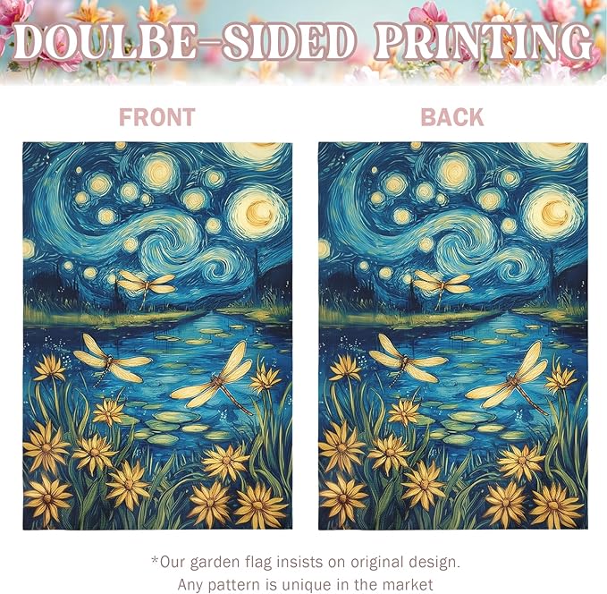 Summer Daisy House Flag Starry Night Style Floral Garden Flags with Dragonflies Spring Lake Landscape Artistic Impressionist Flower Banner Outdoor for Lawn Patio Porch Seasonal Home 28 x 40 Inch