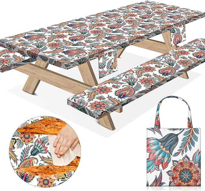 Fitted Waterproof Picnic Table Cover with Bench Covers Heavy Duty Elastic Outdoor Camping Tablecloth for 6 Foot Rectangle Tables Summer Rv Accessories Patio Garden Road Trip Essentials Gifts