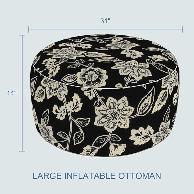 LVTXIII Indoor/Outdoor Large Inflatable Ottoman Pouf D31 x H14 Inch, Round Footstool with Handle, Weather-Resistant Portable Furniture for Patio, Camping, Beach, Elegant Vines Black