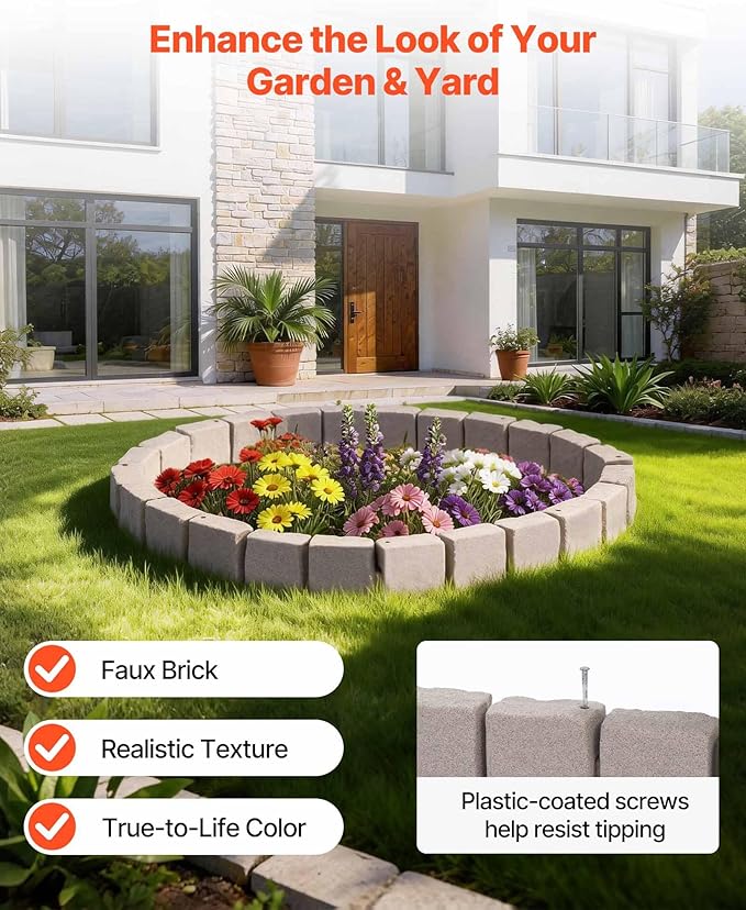 VEVOR Faux Stone Landscape Edging, 15.5 ft Kit, No Dig Garden Edging Border, Blocks for Lawn, Flower Beds, Yards, 4 Pack Each Section Has 6 Bricks 46.85"L x 3.94"W x 6.1"H, 9 Spikes & End Cap, Beige