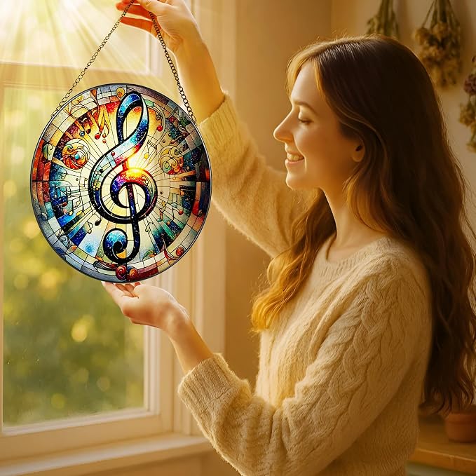 Stained Glass Window Hanging, LAOWEIKI 8'' Musical Note Suncatcher, Stained Glass Ornament, Suncatchers for Windows Hanging, Window Decor, Outdoor or Indoor, Gifts for Friends, Music Lover