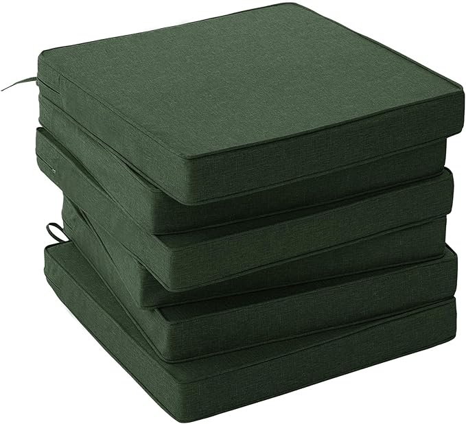 Outdoor Chair Cushions, Water-Resistant & Fade-Resistant, Patio Furniture Square Seat Replacement Chair Pads with Ties, Removable Cover, Non-Slip Bottom, Set of 6, 19 x 19 Inch, Olive Green