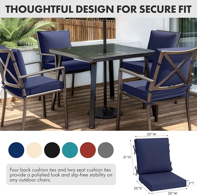 MIULEE Navy Outdoor Dining Cushion 20x20 Inch Waterproof & 3 Year Color Fastness Deep Seat and Back Cushion for Patio Furniture Chair with Ties