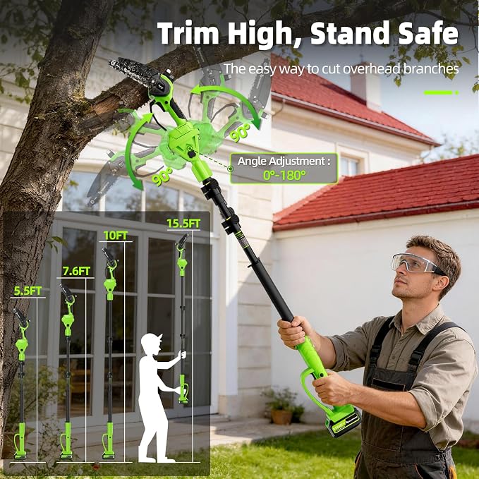 21V Cordless Pole Saw, 4-in-1 180° Rotatable Electric Tree Trimmer with 6/8 Inch Guide Bars,4000mAh Battery & Fast Charger, Telescopic Pole, Brushless Motor for Garden/Farm/Camping