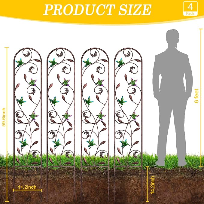 aboxoo Set of 4 Packs Hummingbird Metal Garden Trellis for Climbing Plants,Outdoor Decorative Flowers Arch Fence Trellis for Outdoor Patio,Garden,Yard,Backyard,Wall Brackets,60'' H x 11'' W