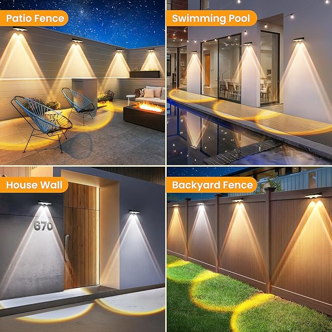 Solar Fence Lights Outdoor 8 Pack - 3 Modes (Warm/Neutral/Cool White), Fence Lights Solar Powered for Outside, IP65 Waterproof, Deck Lighting for Wall, Step, Patio, Pathway, Stairs