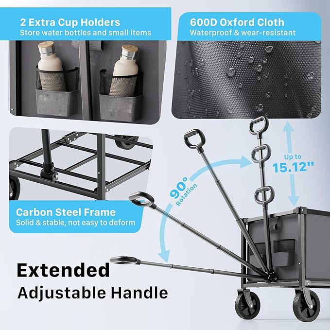 Collapsible Wagon Cart with Wheels, 150L Lightweight Foldable Utility Cart, Portable Rolling Wagon for Garden, Shopping, Sports, Camping, Transport, Darkgray